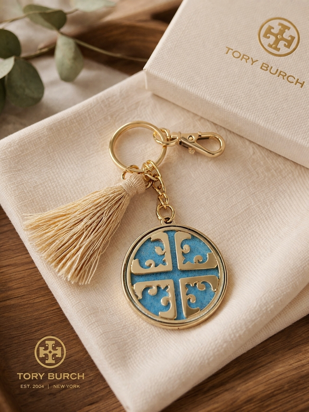 Tory Burch Blue & Gold Tassel Keychain